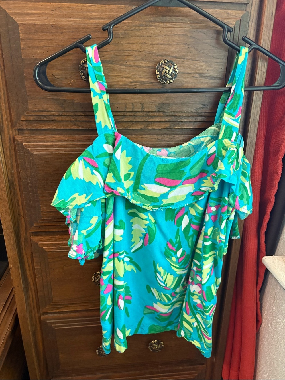 Escapada Turquoise, Green & Pink Tropical Print off-the-shoulder Crop Top